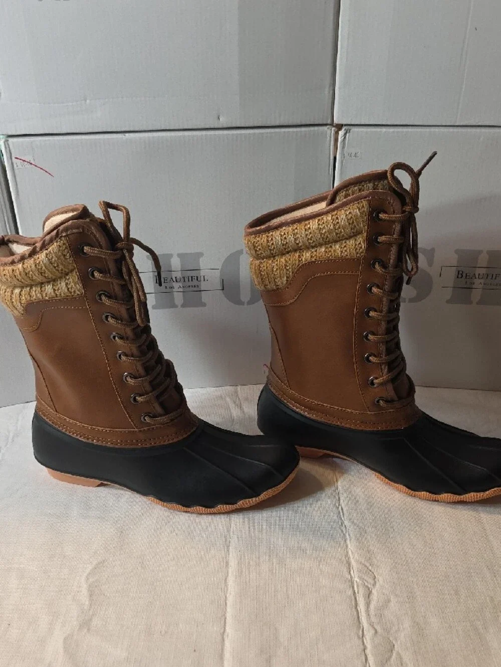 Women's Cognac and Black Insulated Lace-Up Winter/Rain Duck Boots